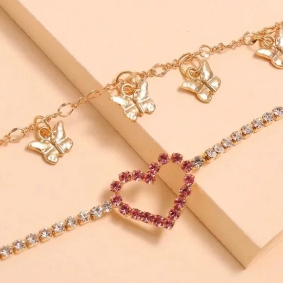 3/$30 💛 Rhinestone Heart Butterfly Charm Anklet - Picture 4 of 4